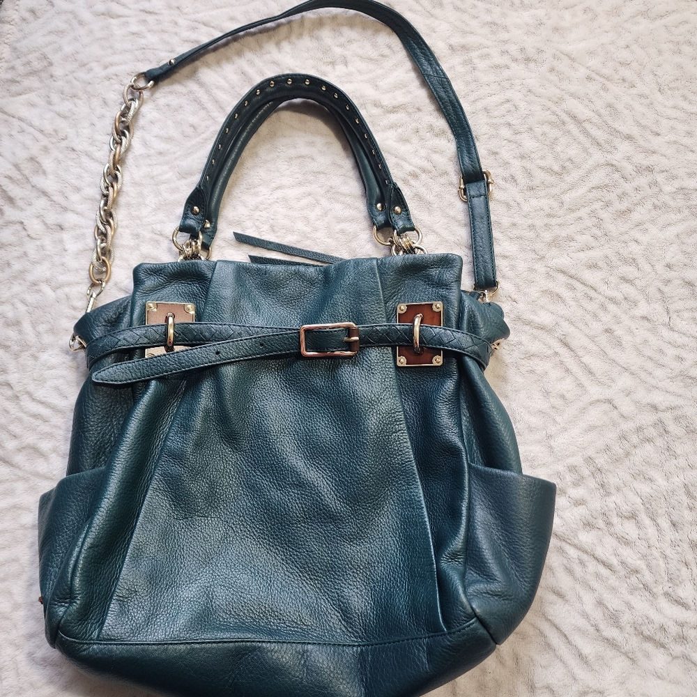 Elliott Lucca Green Leather Handbag Purse Gold/Silver Hardware